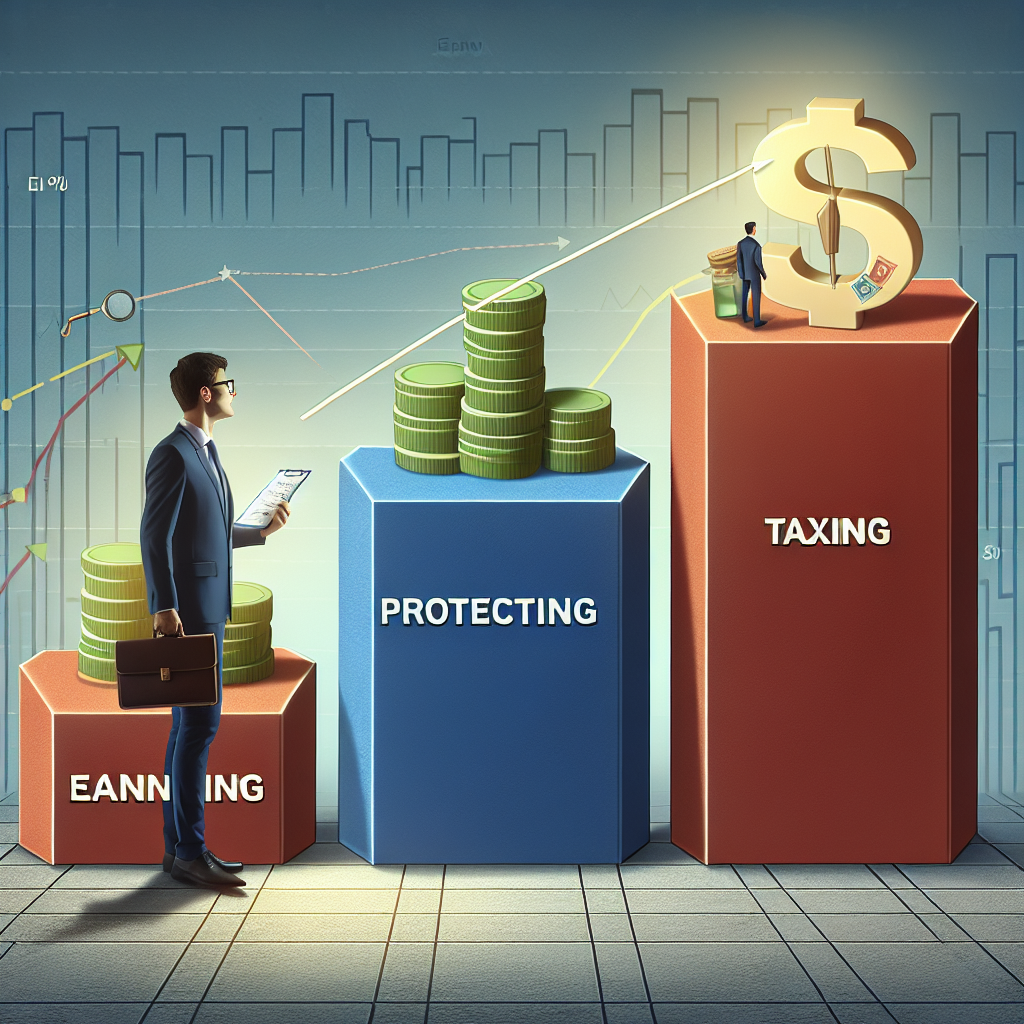 Geschäftsinhaber vor drei Säulen Verdienen, Schützen, Steuern als Diagramm zur Skalierung