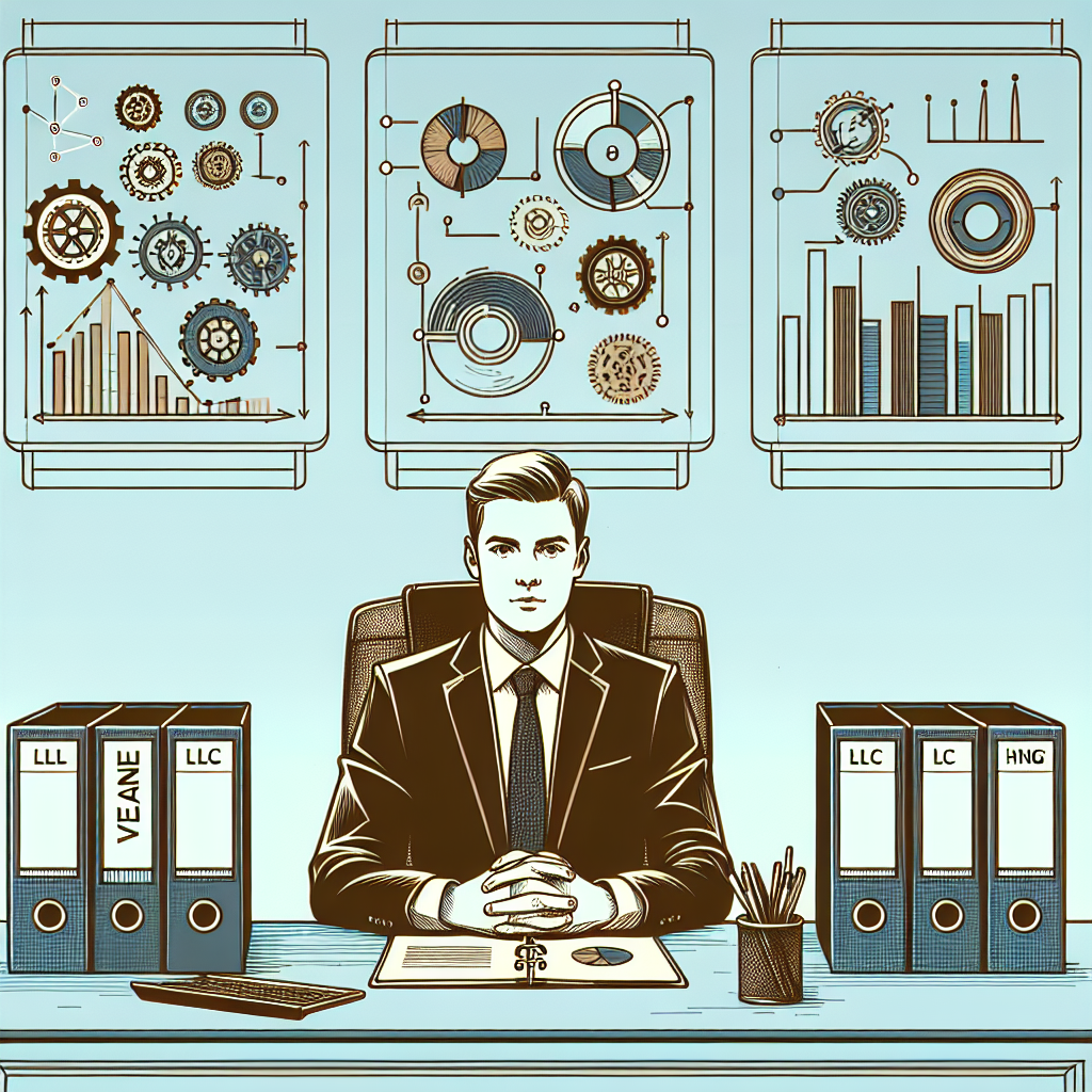 Geschäftsmann am Schreibtisch vor Diagrammen und drei Ordnern mit Beschriftung Verein, LLC, Holding.