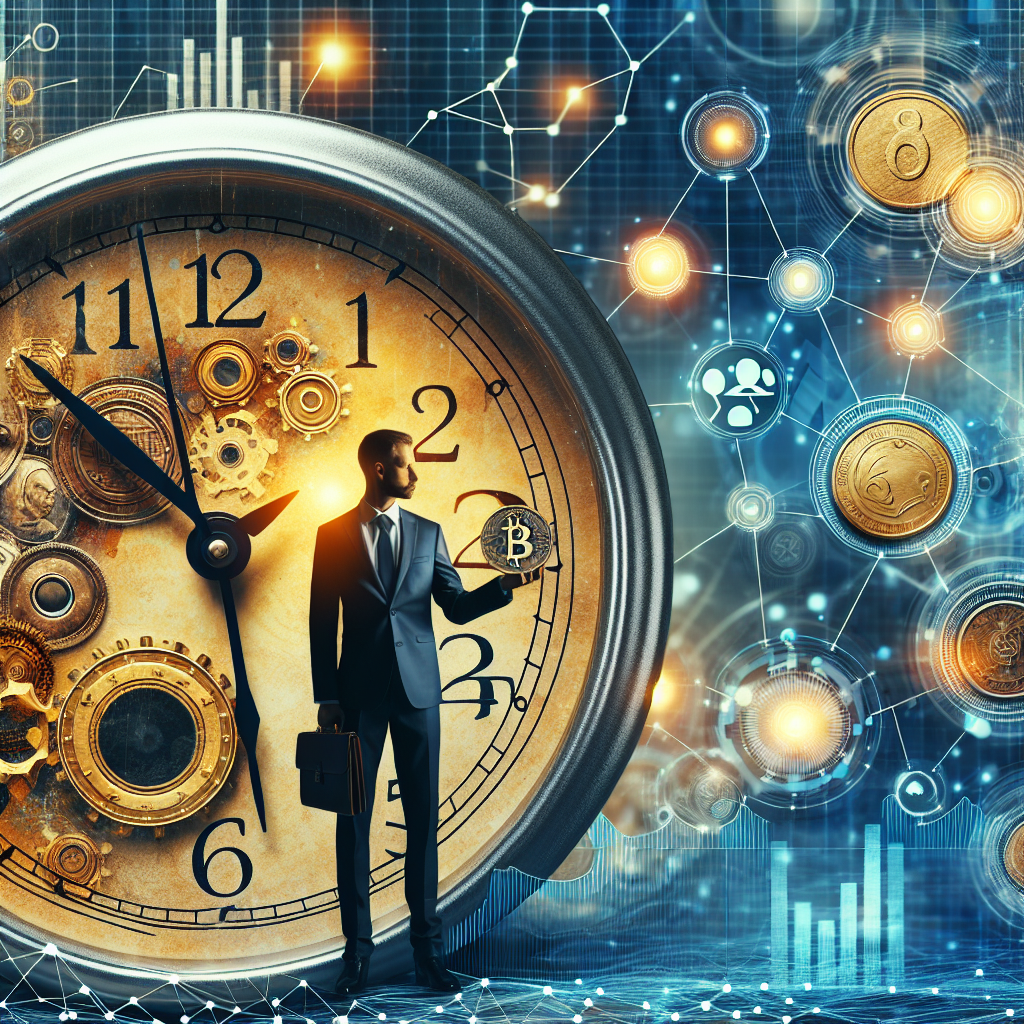 Unternehmer hält Uhr, im Hintergrund Münzen, Diagramm und Netzwerk‑Icons