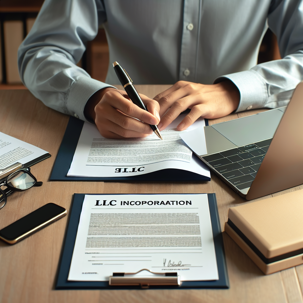 Person am Laptop unterschreibt Gründungsdokumente neben Geschäftsvertrag und Stift, LLC-Gründung im Fokus