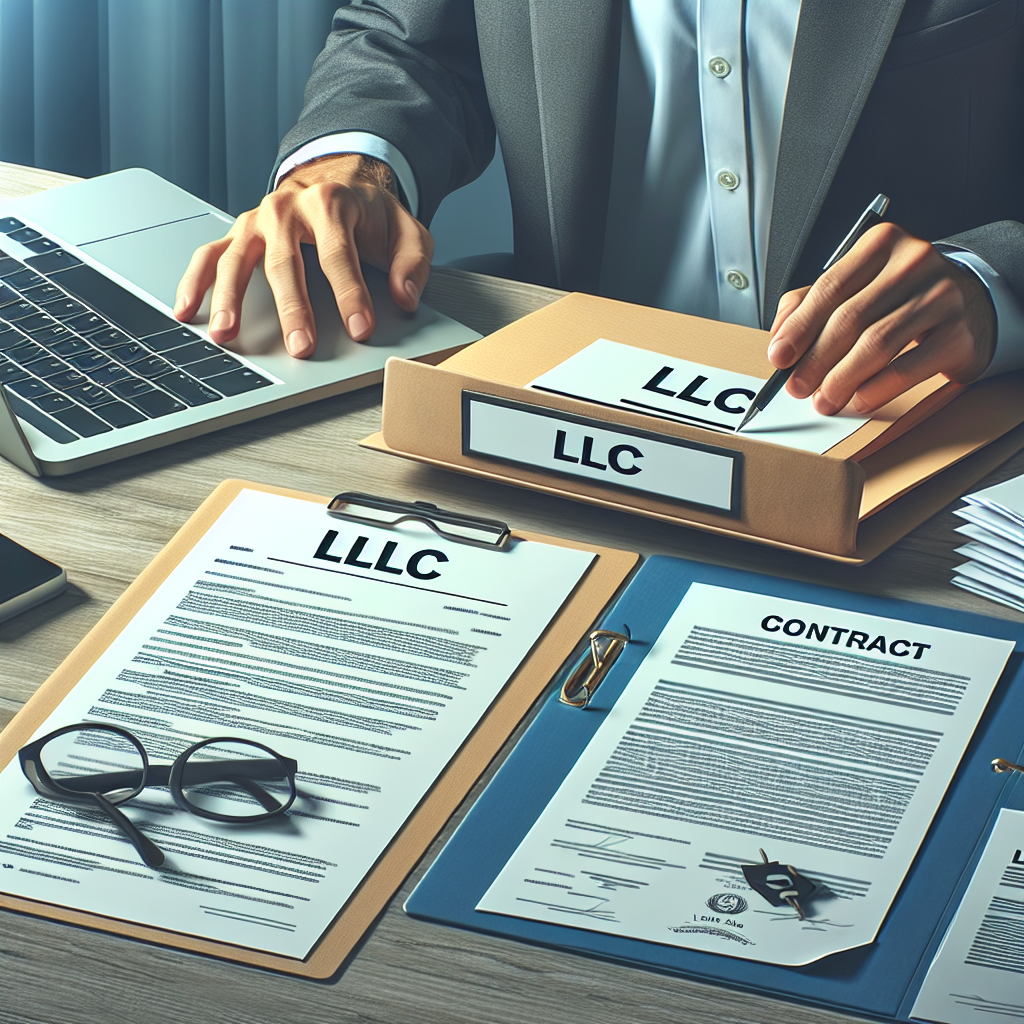 Unternehmer am Schreibtisch mit Laptop, Ordner »LLC« und Vertragsdokumenten