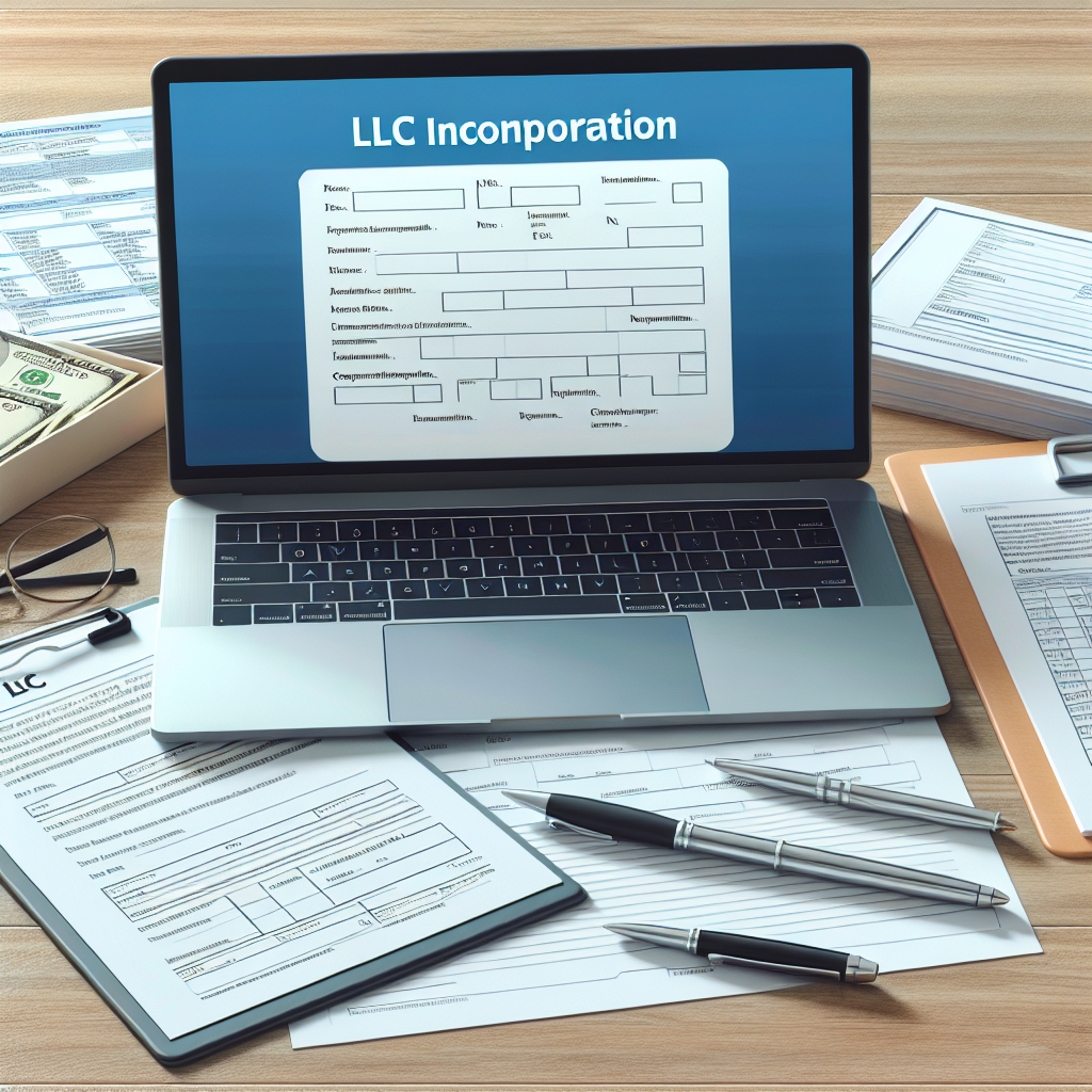 Laptopbildschirm mit LLC-Formularen, Stift, Notizblock und Finanzunterlagen auf Tisch