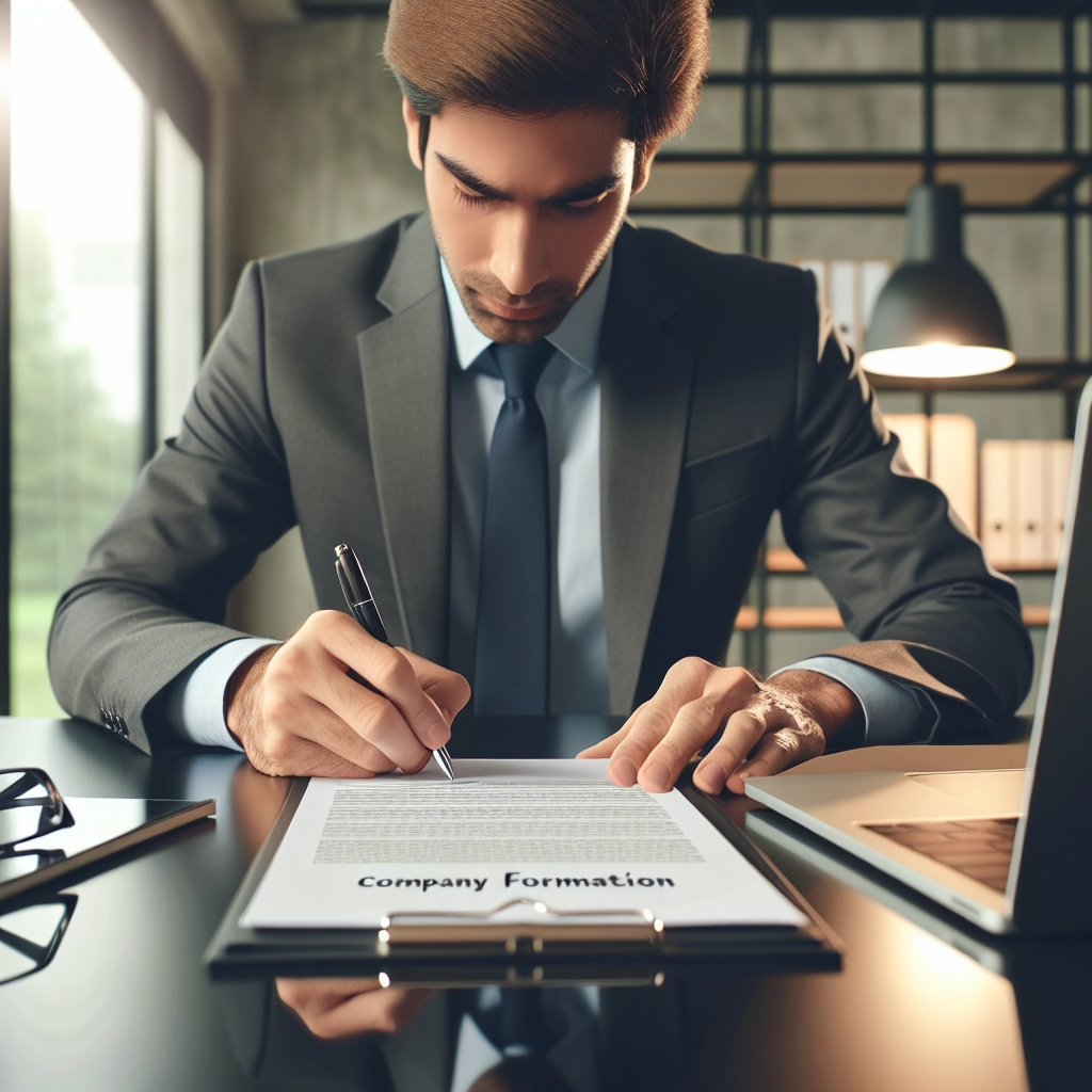 Unternehmer unterschreibt Gesellschaftsvertrag am Schreibtisch mit Laptop