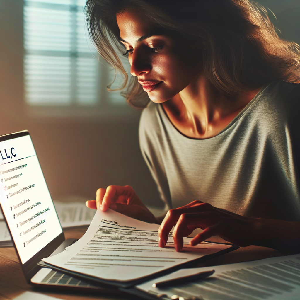 Frau arbeitet am Laptop, sichtbare Checkliste für LLC-Gründung und Systemdokumente