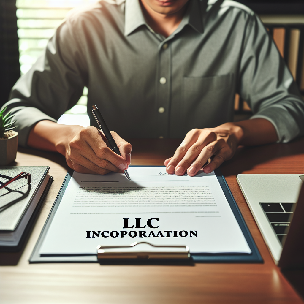 Person unterschreibt LLC-Gründungsvertrag am Schreibtisch mit Laptop und Ordner