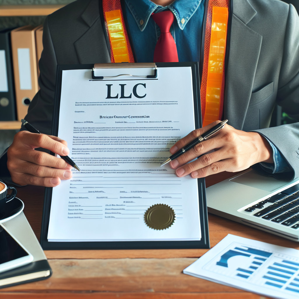 Geschäftsinhaber sitzt am Schreibtisch, hält LLC-Vertrag, Laptop und Rechnungen sichtbar.