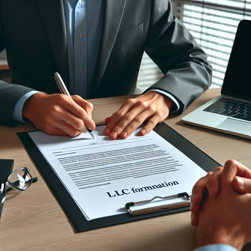 Person unterschreibt LLC-Gründungsdokumente neben Laptop