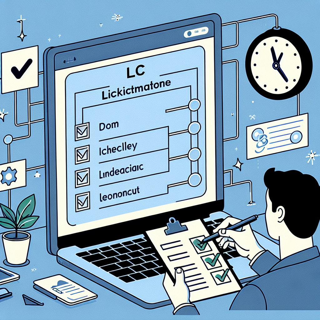 Person erstellt Checkliste am Laptop, Bildschirm zeigt Workflow-Diagramm und Uhr