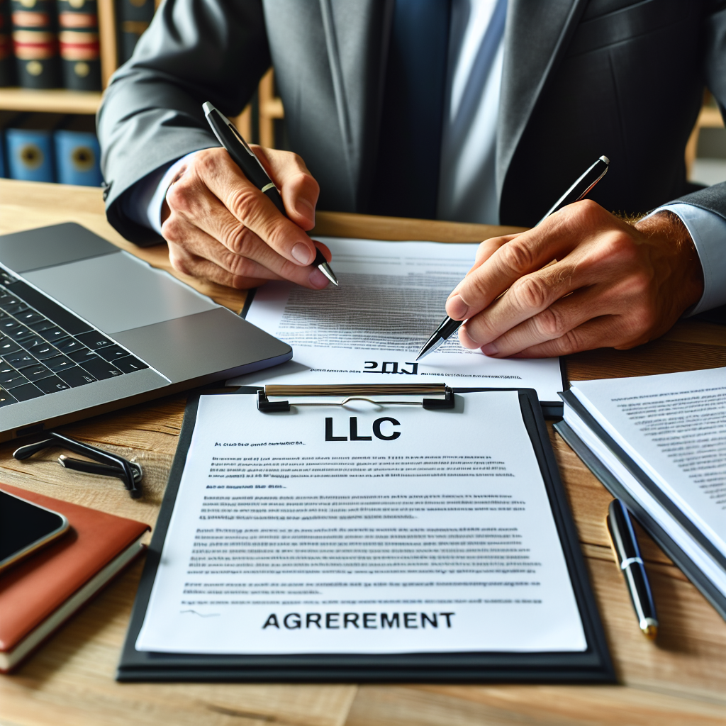 Geschäftsperson am Laptop prüft LLC-Gründungsdokumente und Verträge, Stift und Notizbuch daneben