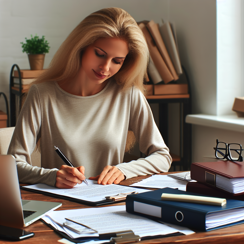 Frau am Laptop unterschreibt LLC-Dokumente, Ordner und Notizbuch auf dem Schreibtisch
