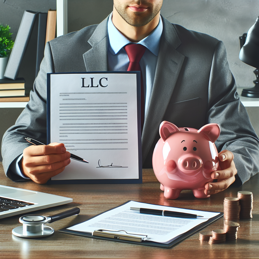 Geschäftsperson hält LLC-Vertrag neben Laptop und Sparschwein, symbolisch für Haftungsschutz und Vermögensschutz