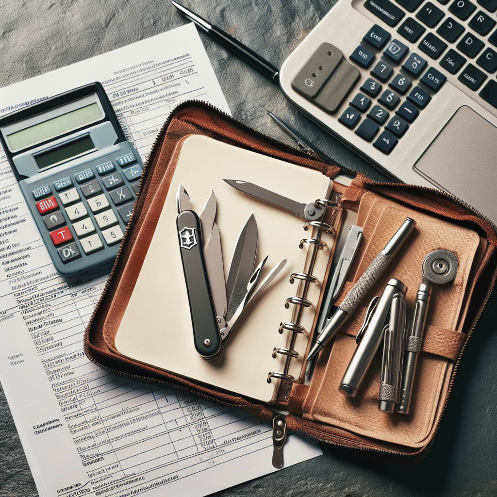 Aufgeklapptes Taschenmesser neben Steuerunterlagen, Taschenrechner und Notizblock