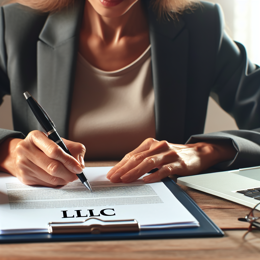 Frau unterschreibt LLC-Gründungsdokument am Schreibtisch mit Laptop und Notizbuch