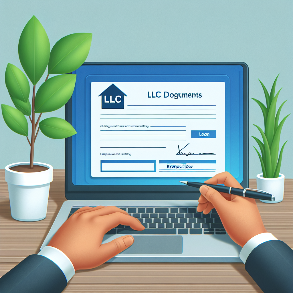 Person unterschreibt LLC-Dokumente am Laptop mit Kronos Flow auf dem Bildschirm, Topfpflanze symbolisiert Wachstum