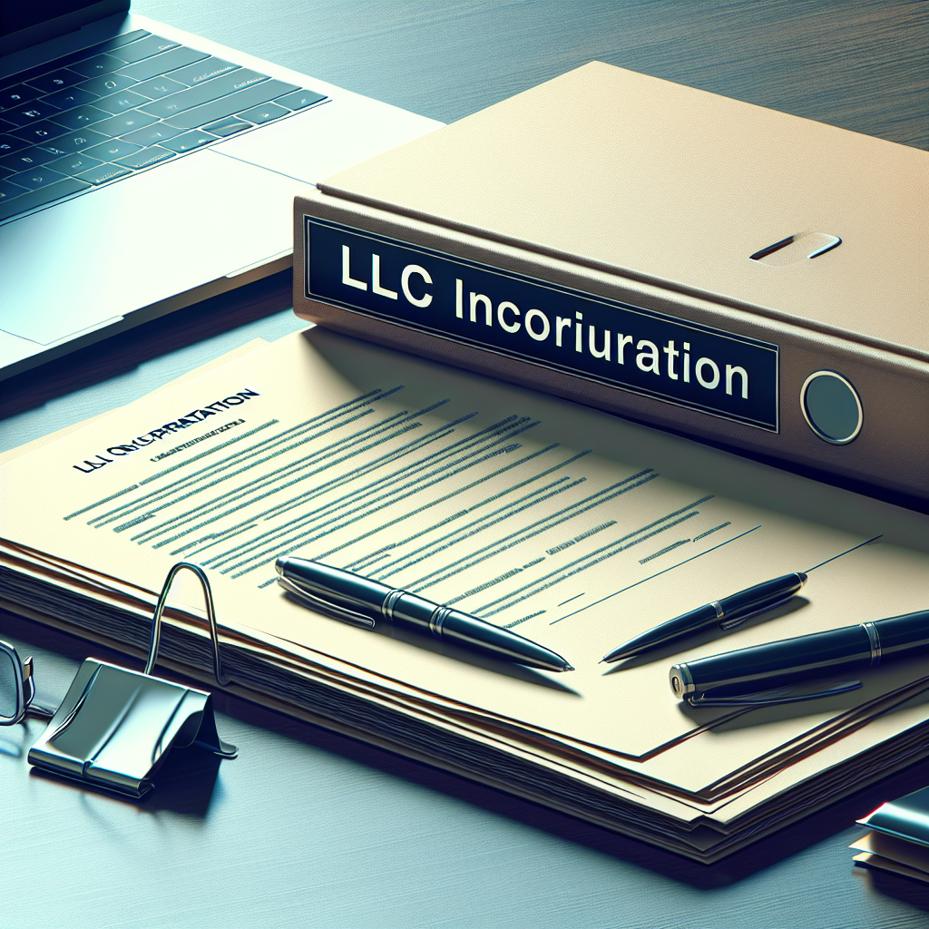 Ordner mit LLC-Gründungsunterlagen, Laptop und Kugelschreiber auf Schreibtisch