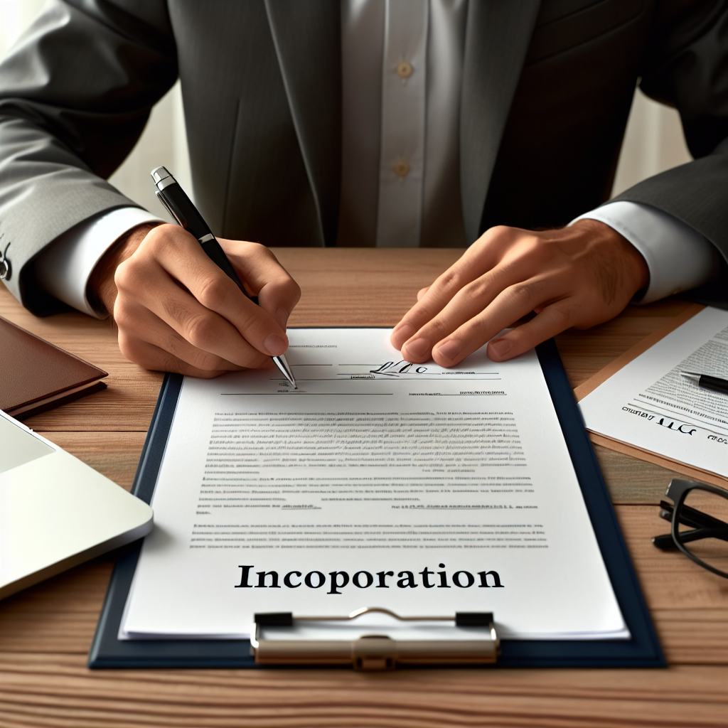 Person unterschreibt LLC-Gründungsdokumente am Schreibtisch mit Laptop und Geschäftsunterlagen