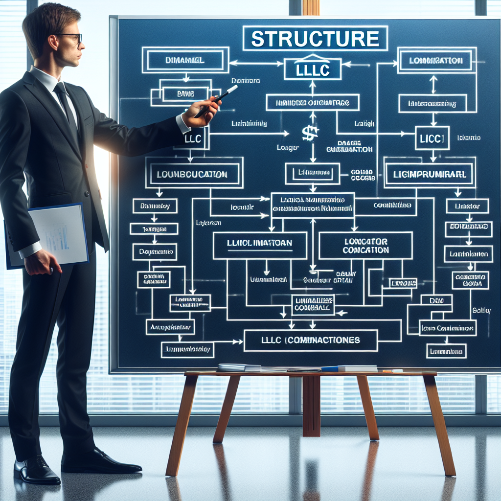 Geschäftsperson zeigt Strukturdiagramm mit LLC- und Holding-Labels am Glasboard