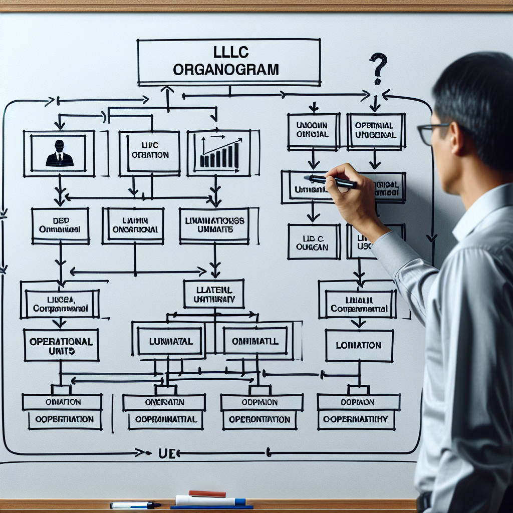 Person zeichnet LLC-Organigramm mit Kästen für operative Einheiten auf Whiteboard