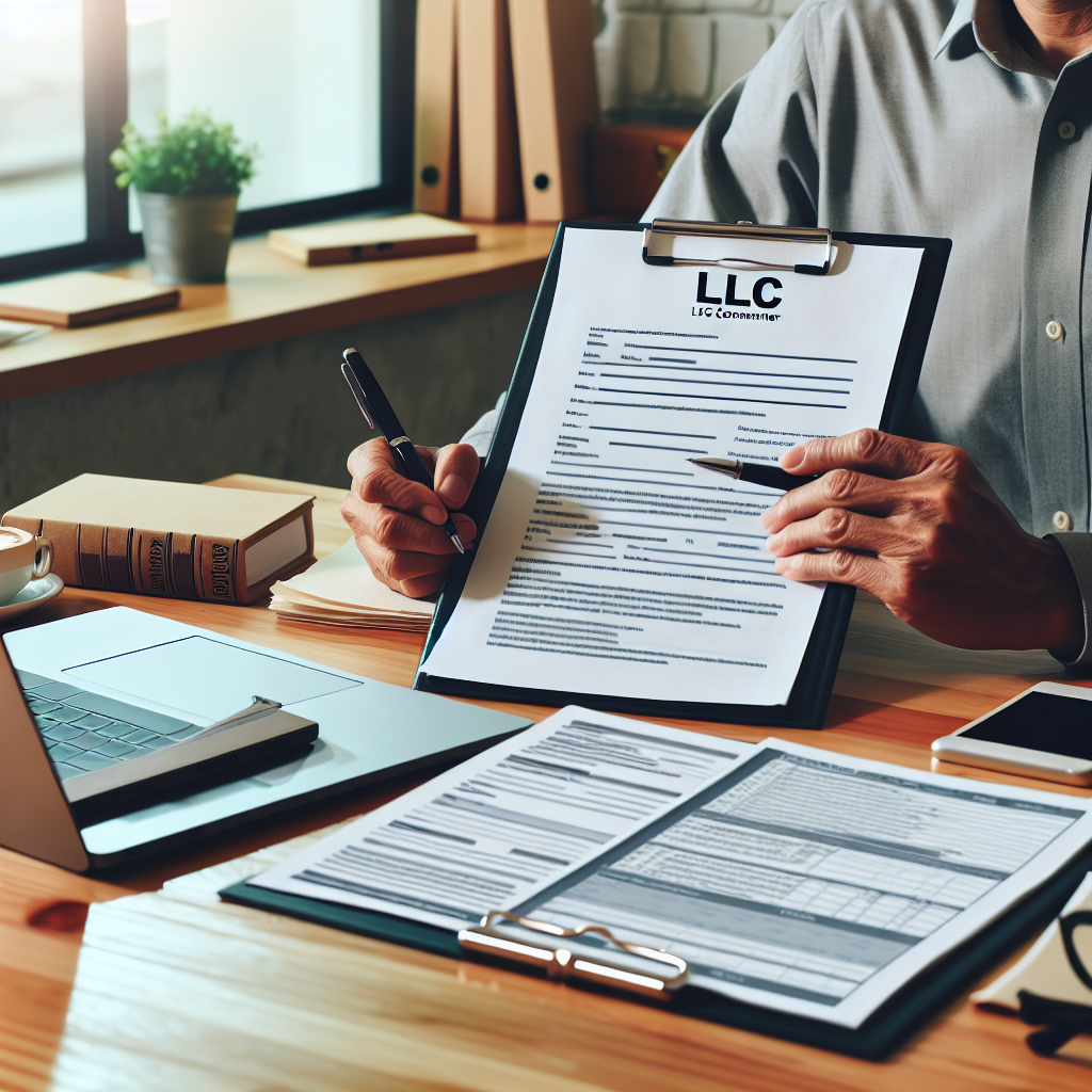 Person am Schreibtisch mit Laptop und LLC-Dokumenten, Notizen und Checkliste sichtbar