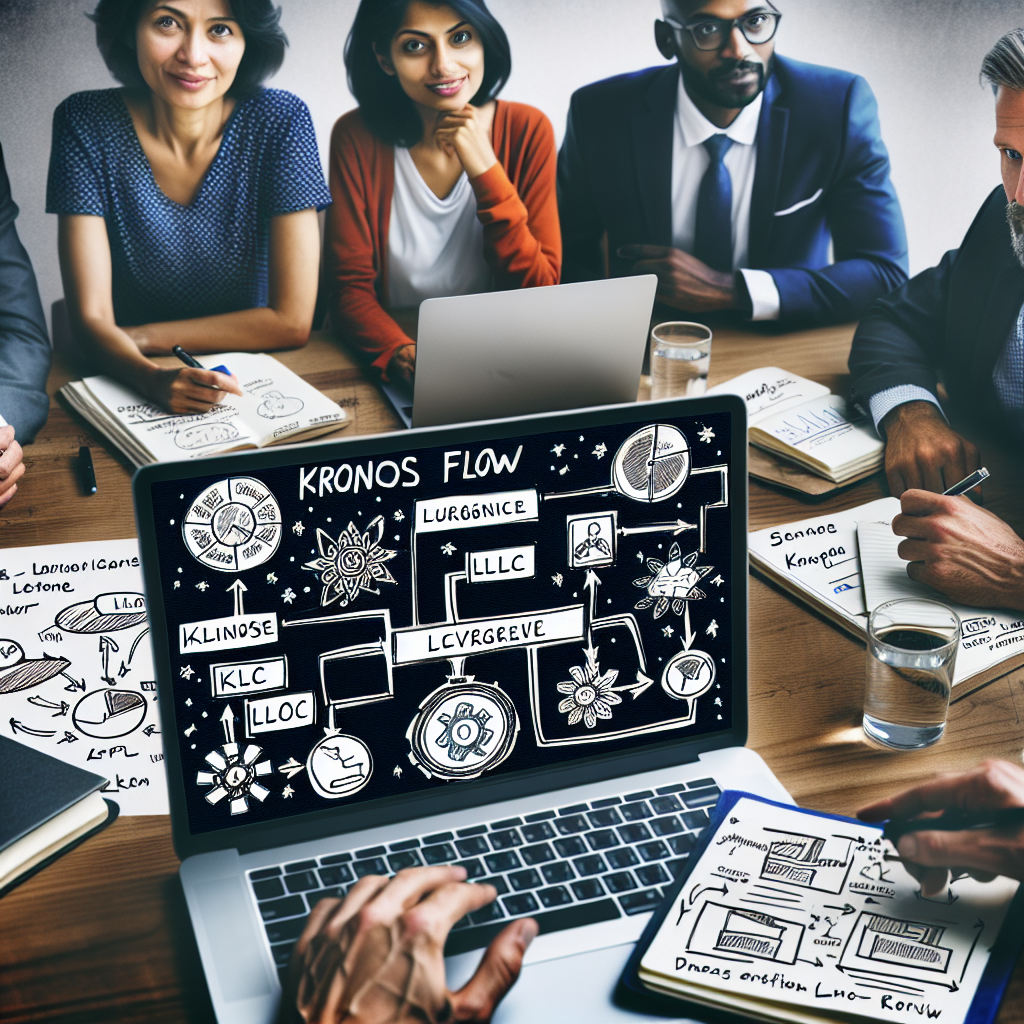 Laptop zeigt Kronos Flow Workflow, Notizen zur LLC, Team diskutiert am Tisch