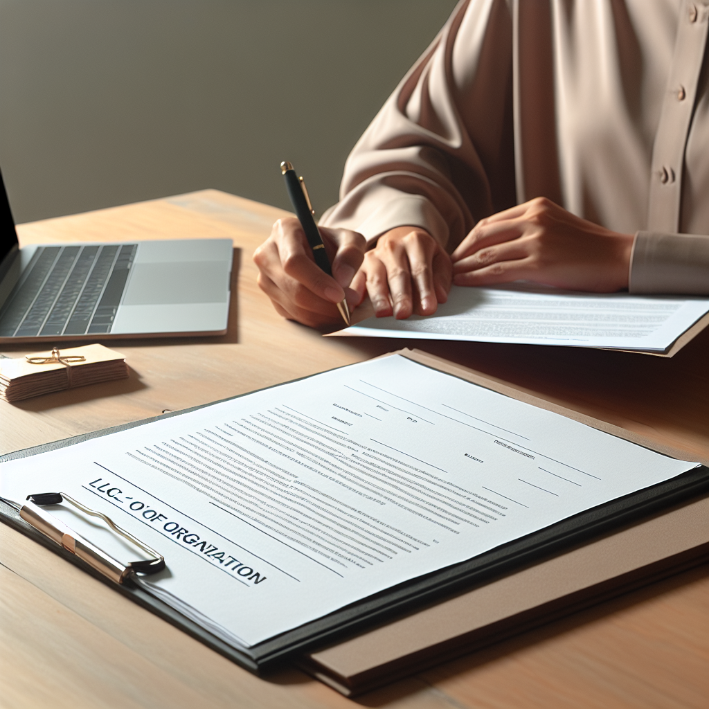 Person unterschreibt LLC-Dokumente am Schreibtisch neben Laptop und Geschäftskonto-Unterlagen