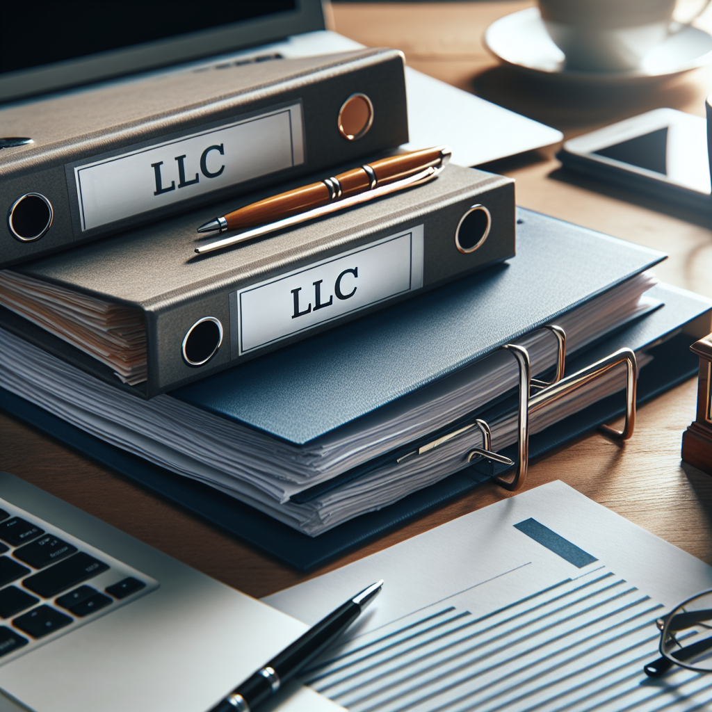 Nahaufnahme von beschrifteten Ordnern 'LLC' neben Laptop und Stift auf Schreibtisch