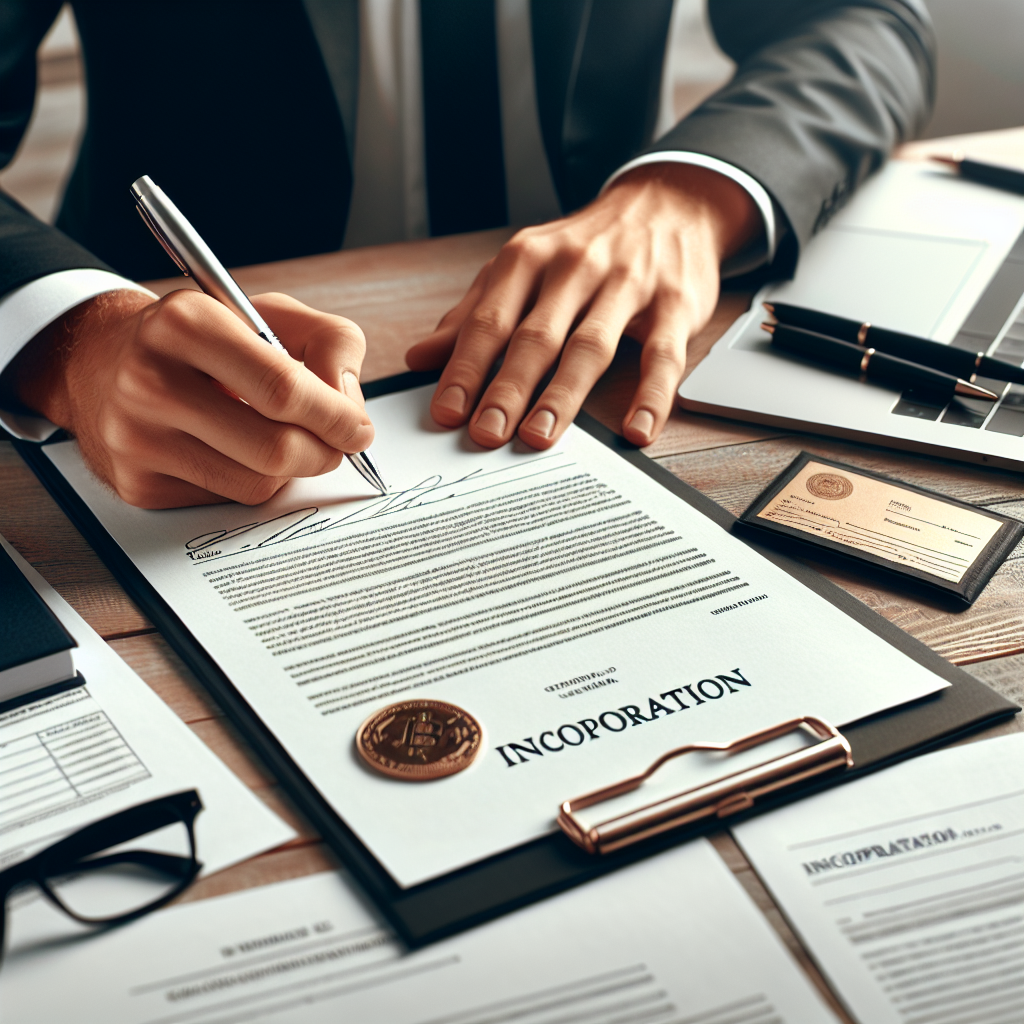 Nahaufnahme: Hand unterschreibt LLC-Vertrag neben Laptop und Geschäftskonto-Unterlagen