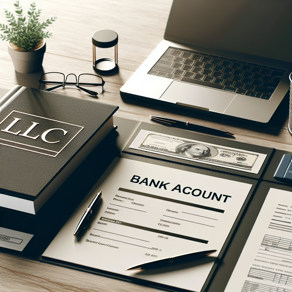 Laptop, Ordner mit LLC-Schild und getrennte Kontounterlagen auf Schreibtisch