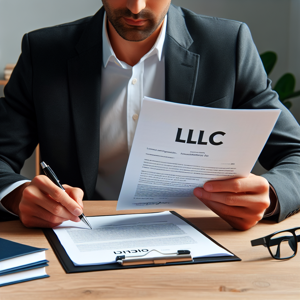 Person am Schreibtisch liest und unterschreibt LLC-Gründungsdokumente