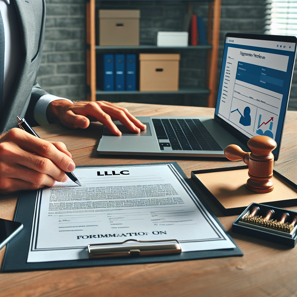 Unternehmer unterschreibt LLC-Gründungsdokumente neben Laptop und Stempel