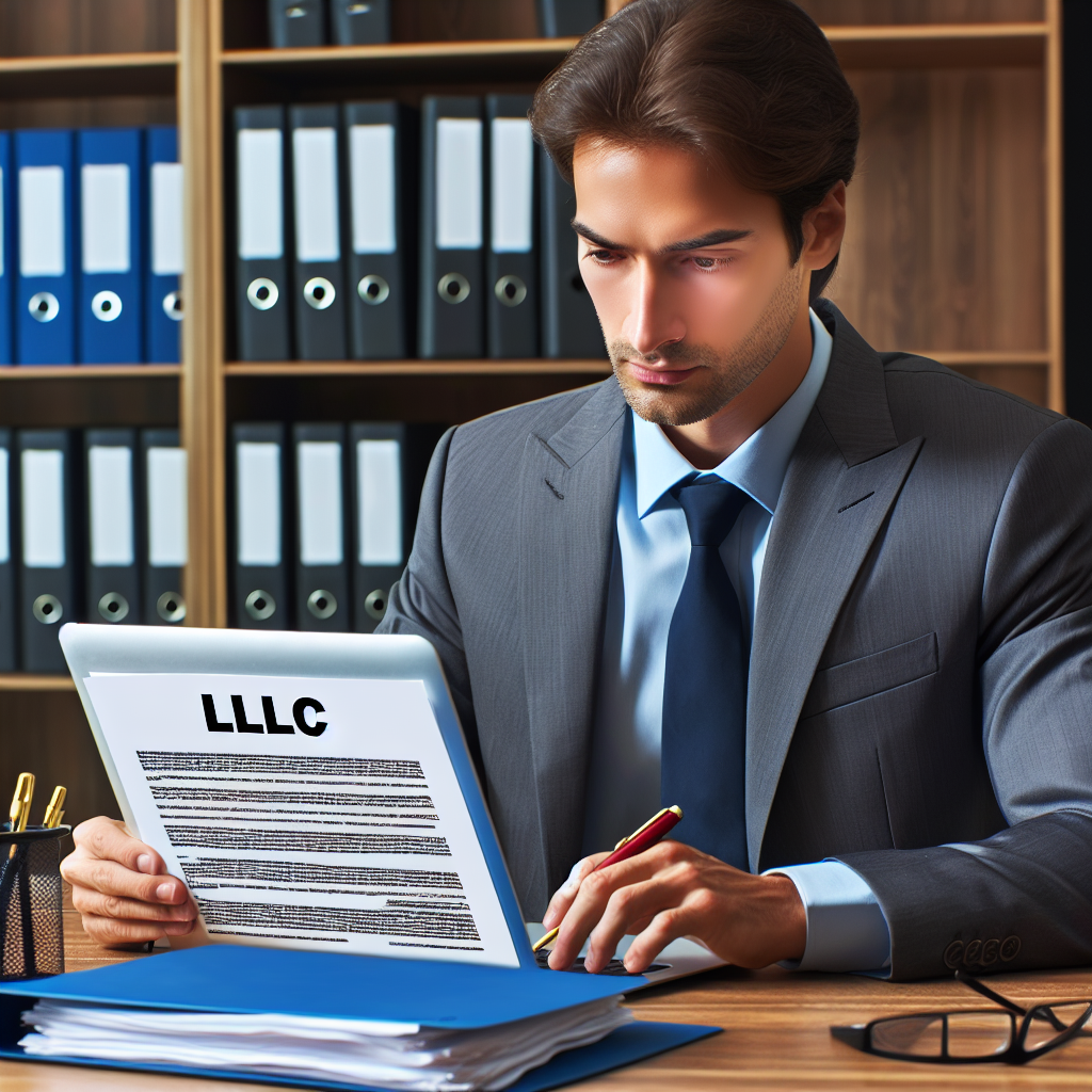 Geschäftsperson prüft LLC-Verträge am Laptop, Aktenordner im Hintergrund