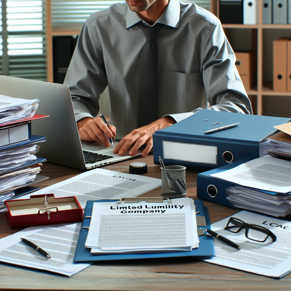 Person am Schreibtisch mit Laptop, Ordnern und Vertragsdokumenten zur LLC-Gründung