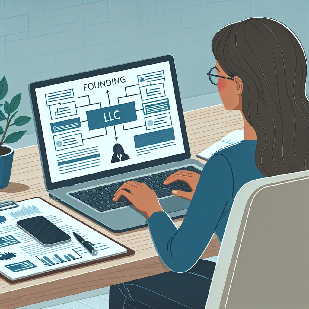 Frau am Schreibtisch arbeitet am Laptop, Bildschirm zeigt Flowchart und Dokument ‚LLC gründen‘