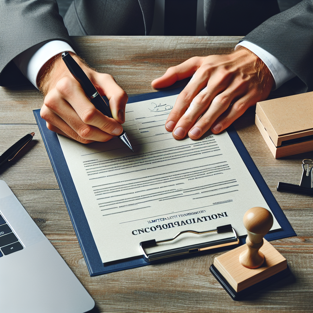 Hände unterschreiben Gründungsdokumente mit LLC neben Laptop und Stempel