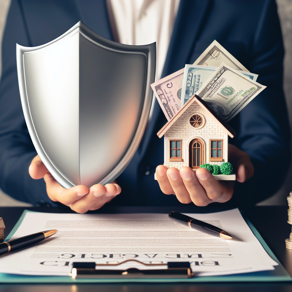 Hand hält Schutzschild über Miniaturhäuser, Akten und Geldscheinen