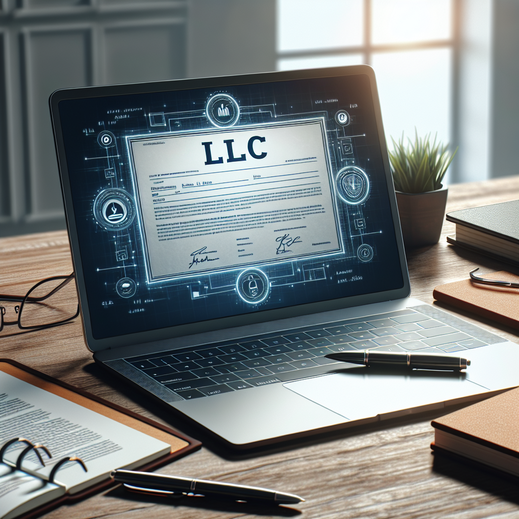 Laptopbildschirm mit geöffnetem LLC-Dokument, Notizbuch und Stift auf Schreibtisch