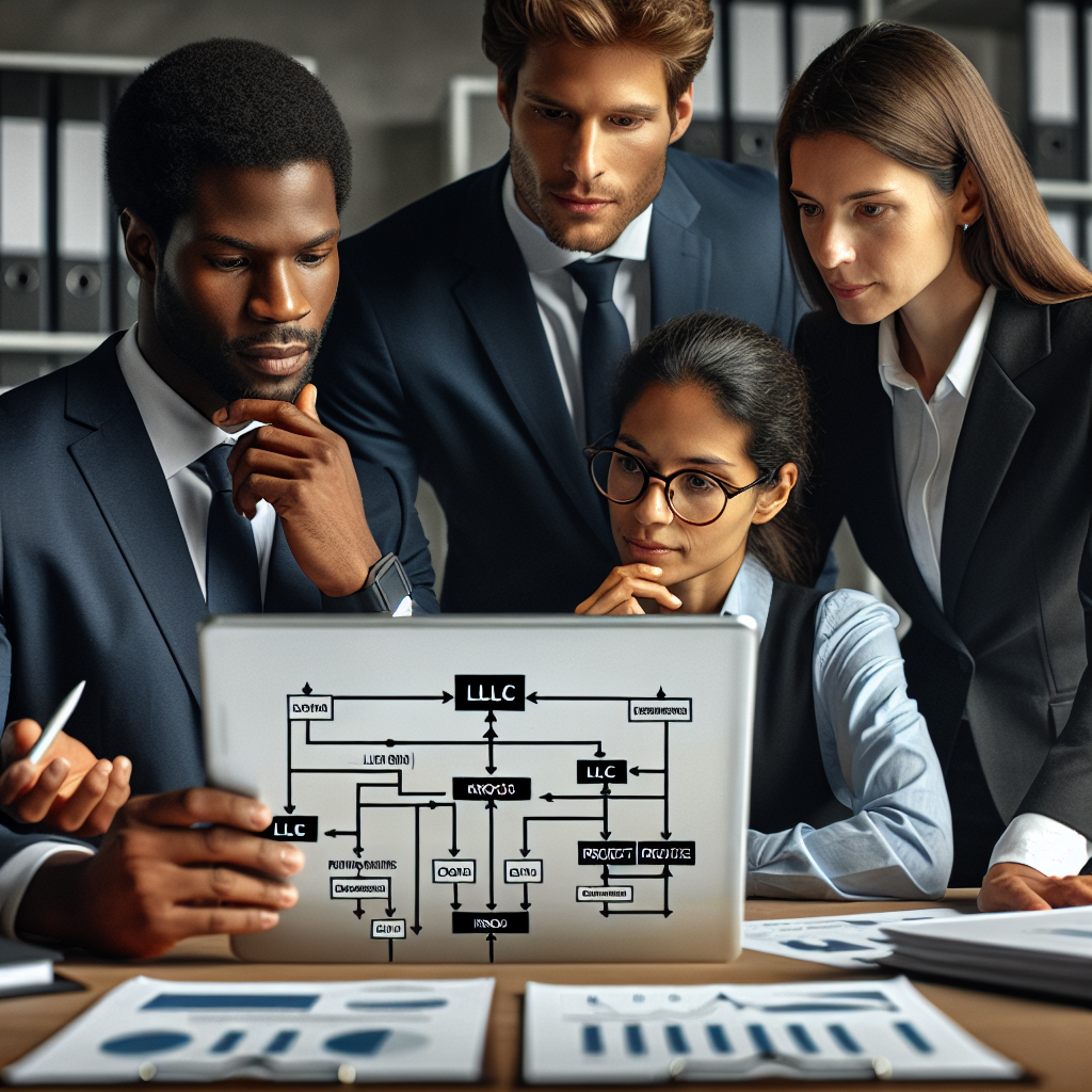 Geschäftsteam prüft Strukturdiagramm auf Tablet, Ordnerbeschriftungen 'LLC' und 'Projektgesellschaften' sichtbar