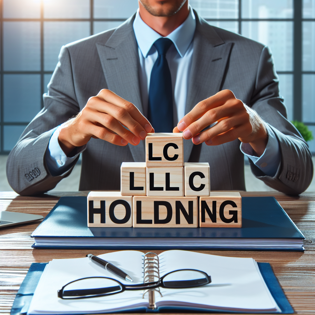 Mann am Tisch stapelt beschriftete Bauklötze LLC und Holding vor Laptop