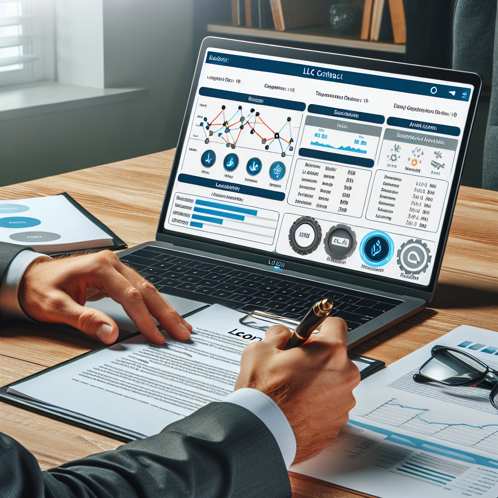 Person unterschreibt LLC-Vertrag am Schreibtisch, Laptop zeigt Kronos Flow Dashboard