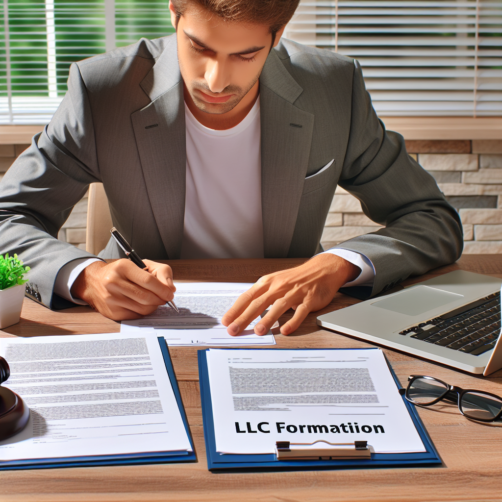 Unternehmer am Schreibtisch prüft LLC-Gründungsdokumente neben Laptop und Notizblock