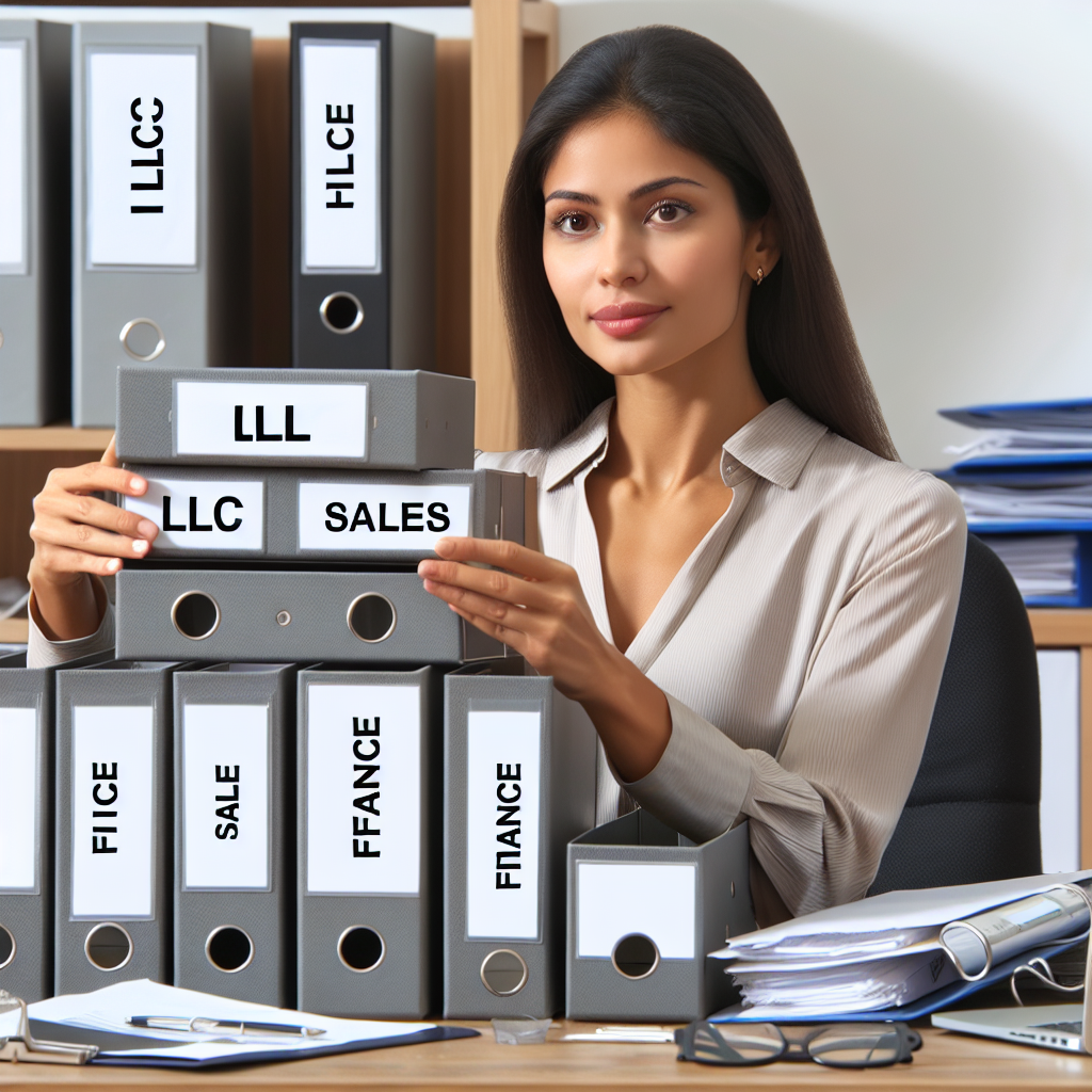 Frau am Schreibtisch sortiert Ordner mit Beschriftungen 'LLC', 'Vertrieb', 'Finanzen' für Struktur