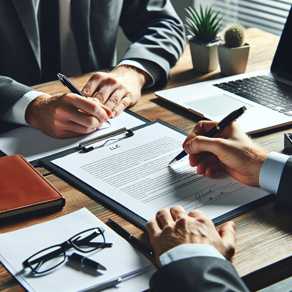 Hände unterschreiben LLC-Gründungsdokumente neben Laptop und Notizbuch