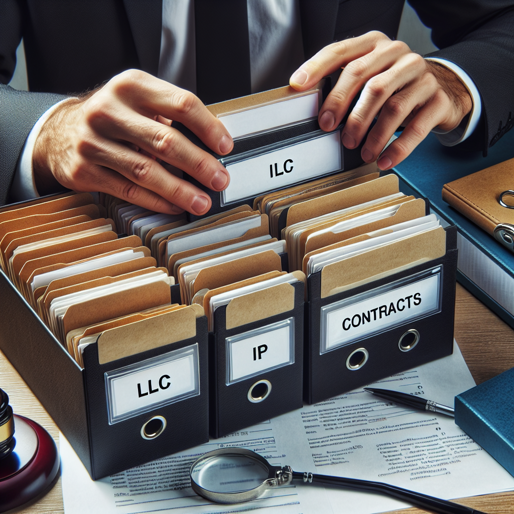 Nahaufnahme von Händen, die Ordner mit Beschriftungen wie LLC, IP und Verträge sortieren