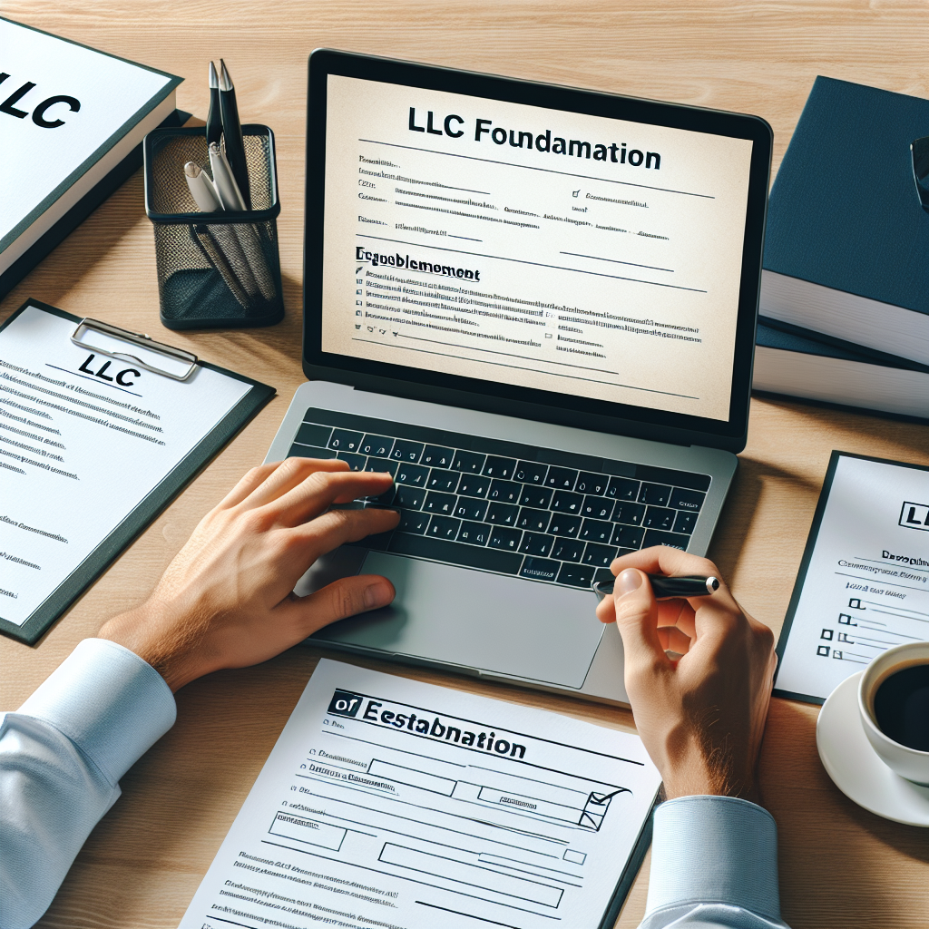 Person am Laptop mit Gründungsunterlagen, Checkliste und Dokument mit LLC‑Schriftzug