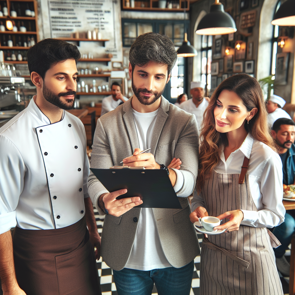 Inhaberin hält LSE-Checkliste, spricht mit Küchenchef und Servicepersonal in Café