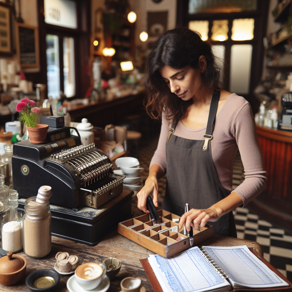 Kleine Café-Besitzerin zählt Vorräte neben geöffnetem Kassenbuch, Checkliste sichtbar
