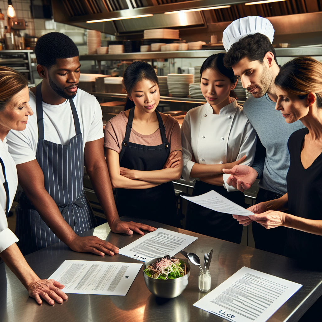 Restaurantteam bespricht Struktur und LLC-Dokumente in Küche mit Checkliste