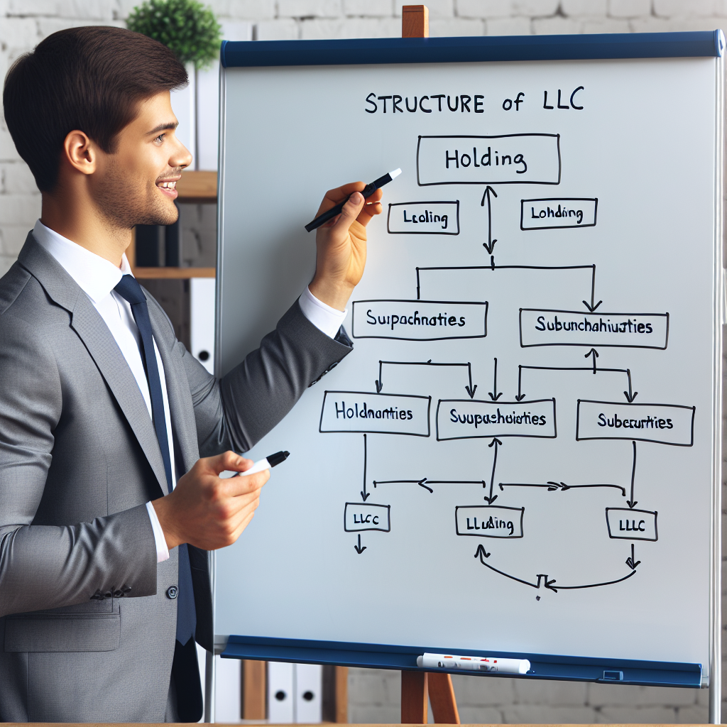 Geschäftsmann zeigt Strukturdiagramm einer LLC mit Holding und Tochtergesellschaften am Whiteboard