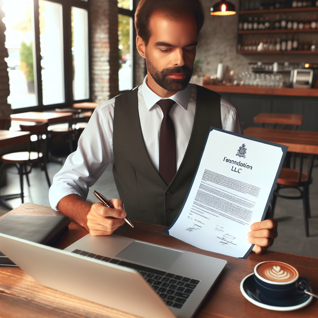 Gastronom sitzt mit Laptop und Gründungsunterlagen für LLC im Café