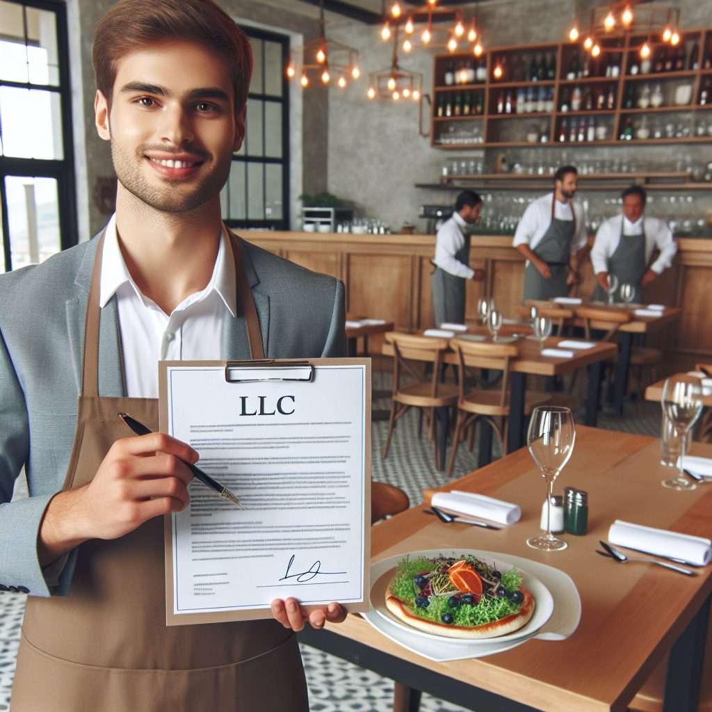 Restaurantinhaber hält LLC-Vertrag, leerer Gastraum im Hintergrund